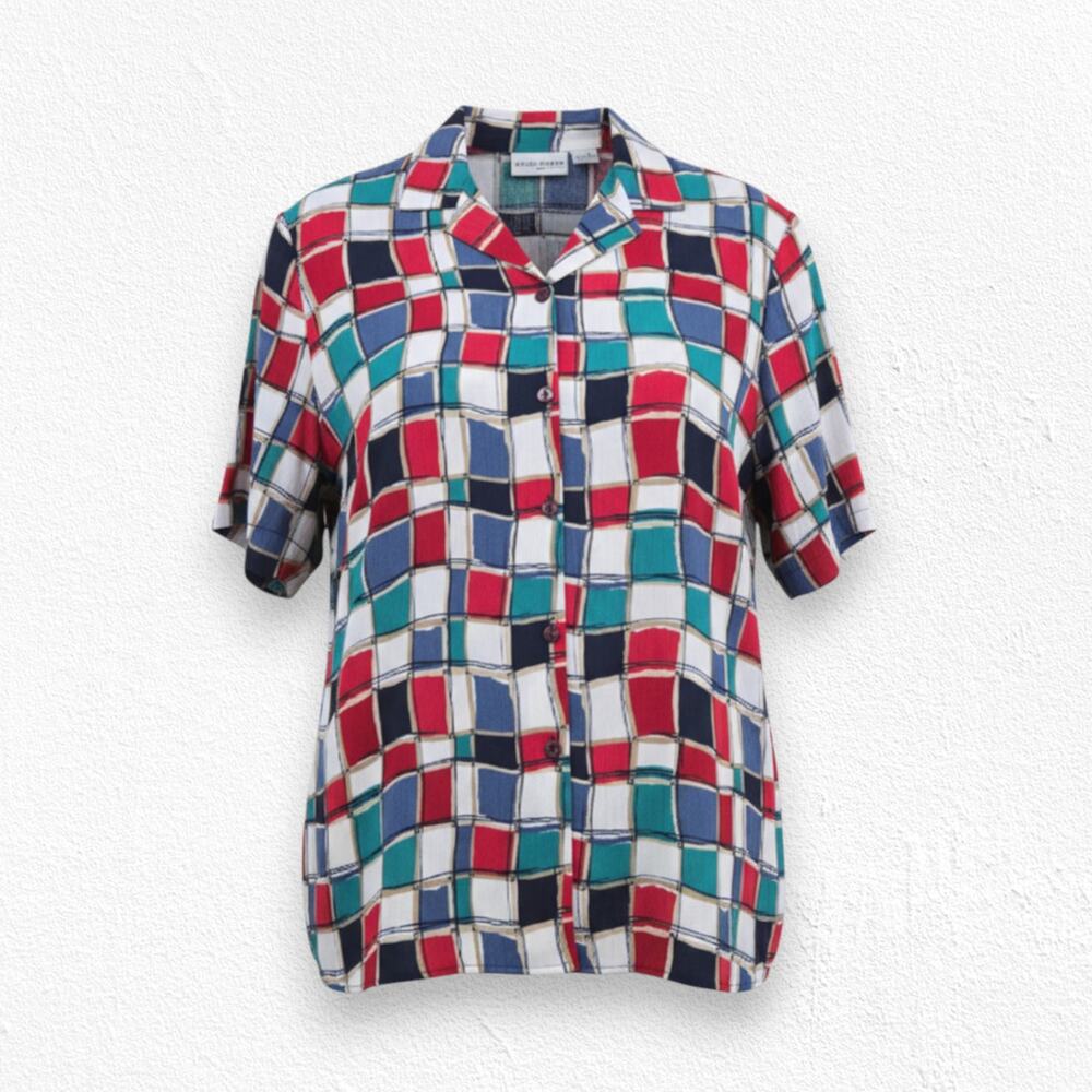 Vintage 1990s Alfred Dunner Patchwork Short Sleeve Camp Shirt Blouse Size 14